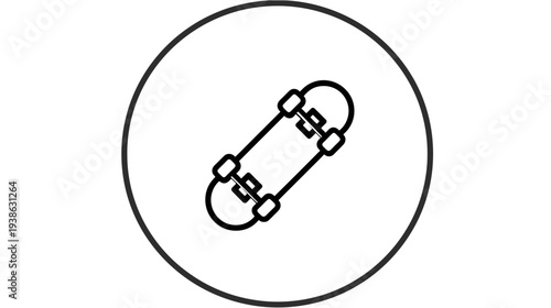A black and white graphic showing a skateboard inside of a circle