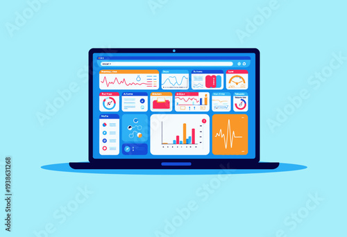 Interactive digital dashboard displaying various analytical graphs and charts on a laptop screen, showcasing data visualization and performance metrics analysis