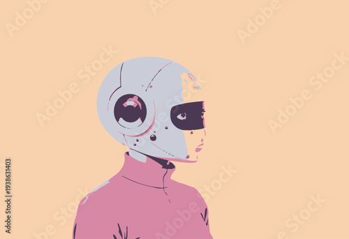 Futuristic humanoid robot with sleek helmet design and vibrant colors gazes into the distance against a minimalistic soft pastel background