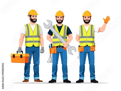 Professional Male Workers with Tools and Safety Gear Illustration
