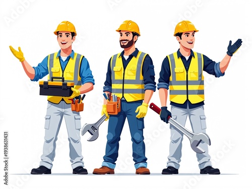 Group of Professional Construction Workers in Safety Gear and Helmets