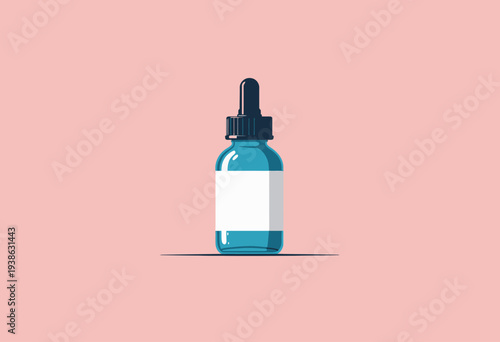 Illustration of a Blue Glass Dropper Bottle Positioned Against a Soft Pink Background for Cosmetic or Medicinal Use