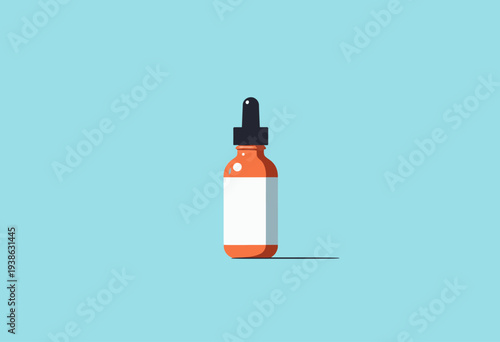 Illustration of a small amber glass dropper bottle with black cap against a plain light blue background emphasizing minimalistic design and skincare products