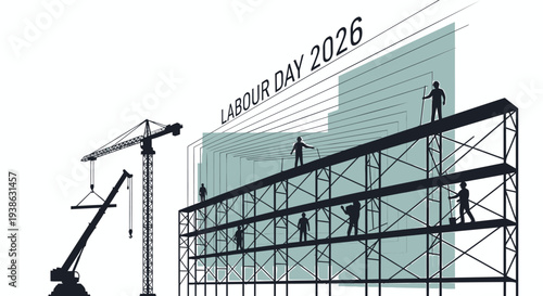 Vector illustration of Labour Day 2026 construction workers on scaffolding with crane