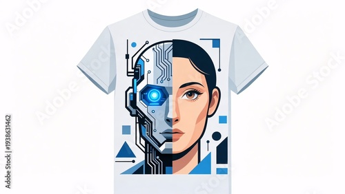 Futuristic T-shirt Design with Robot and Human Face Illustration