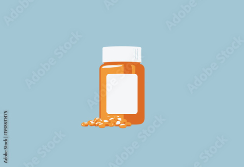 Illustration of an orange pill bottle with scattered yellow tablets over a minimalist light blue background, highlighting medical and pharmaceutical themes