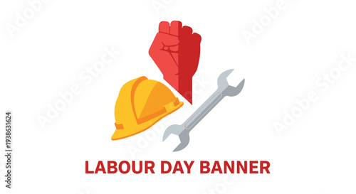 Labour Day banner vector with hard hat, glove and wrench