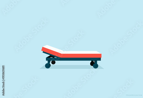 Minimalist Illustration of a Medical Stretcher with Wheels and Adjustable Backrest on a Light Blue Background