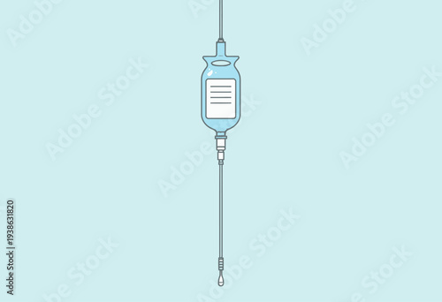 Illustration of a Medical IV Drip Bag with Clear Liquid Hanging Against a Pale Blue Background, Representing Healthcare and Medical Treatment Solutions