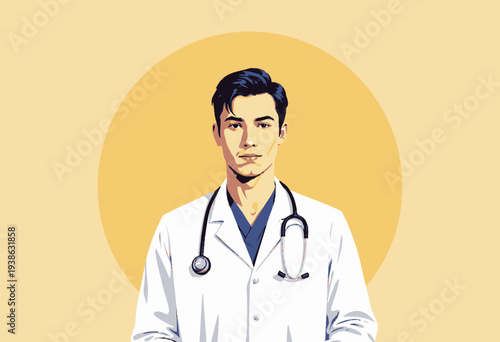 Illustration of a Confident Doctor in a White Lab Coat with a Stethoscope Against a Minimalist Yellow Background Symbolizing Medical Professionalism and Healthcare Dedication
