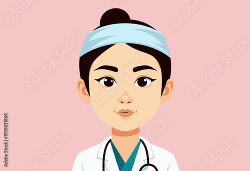 Illustration of a Female Medical Professional Wearing a Headband and Stethoscope on a Soft Pink Background, Portraying Dedication and Compassion