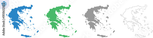 Greece Map Vector Illustration 4 Variation Set with Blue, Green, Gray and Outline Country Silhouette Shapes Isolated on Transparent Background, Hand Made Geography Design, AI EPS10 JPG PNG