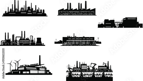 Industrial factory buildings and manufacturing plants silhouette set