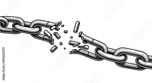 Broken chain illustration with shattered links on a white background
