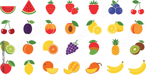 Vibrant fruit icons for healthy lifestyle and nutrition concepts
