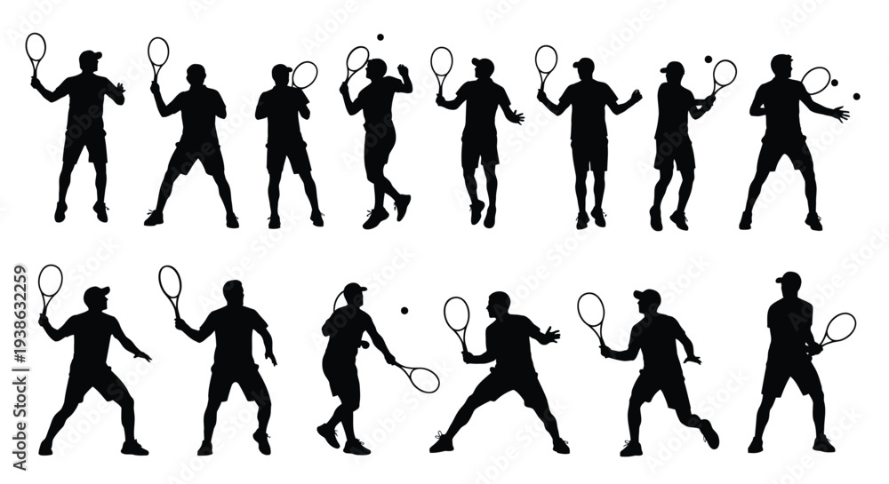 Fototapeta premium Tennis player silhouettes in various poses vector illustration for sports design and graphics