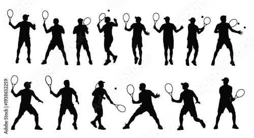 Tennis player silhouettes in various poses vector illustration for sports design and graphics