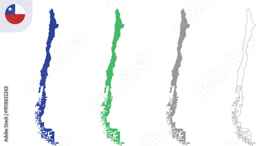 Chile Map Vector Illustration 4 Variation Set with Blue, Green, Gray and Outline Country Silhouette Shapes Isolated on Transparent Background, Hand Made Geography Design, AI EPS10 JPG PNG