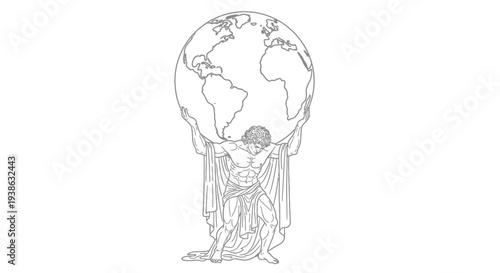 Atlas holding the world in a minimalist black and white vector graphic design