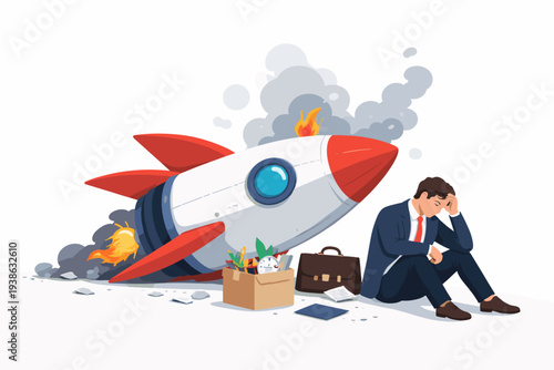 Depressed businessman sitting next to a crashed rocket symbolizing a failed startup, bankruptcy, and business risk. Entrepreneur feeling stressed after project failure and sudden career setback.
