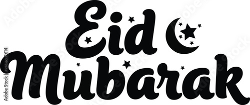 Black Eid Mubarak text with crescent moon and stars islam muslim greeting