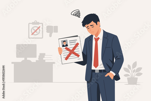 Sad Businessman Holding Rejected Resume with Red Cross Mark, Job Application Declined by HR Human Resource Department, Career Failure and Unemployment Concept, Hiring Manager Refusal Vector