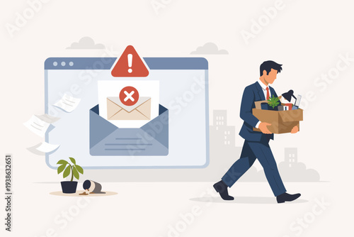 Sad Businessman Carrying Box of Belongings After Being Fired via Email Notification, Job Dismissal and Career End Concept, Employee Layoff and Termination Due to Downsizing or Economic Crisis