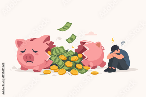 Sad Man Sitting Next to a Broken Piggy Bank with Spilled Cash and Coins, Representing Financial Crisis, Investment Failure, Debt, Bankruptcy, Economic Downturn, Inflation, and Personal Finance Issues.