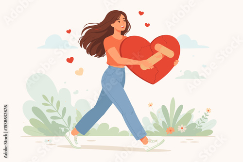 Vector illustration of a woman walking forward with a smile, carrying a large broken heart mended with bandages, symbolizing emotional healing, recovery from heartbreak, and moving on to love.