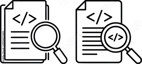 Two black line of documents with code symbols and magnifying glasses
