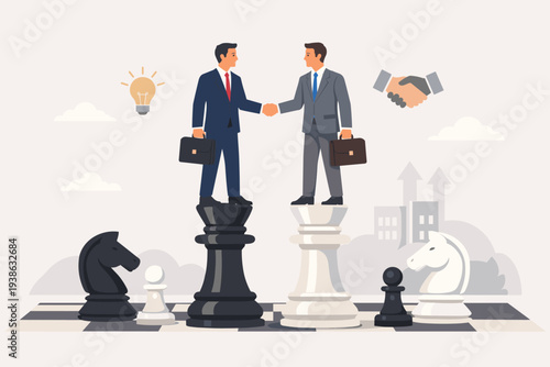 Businessmen Shaking Hands on Giant Chess Pieces for Successful Negotiation Strategy, Win-Win Partnership, Corporate Merger, and Collaborative Agreement Instead of Confrontation in Competition