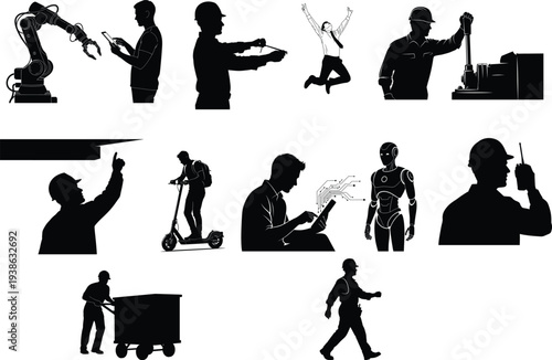 Silhouette illustrations of construction workers engaging in various job activities and tasks