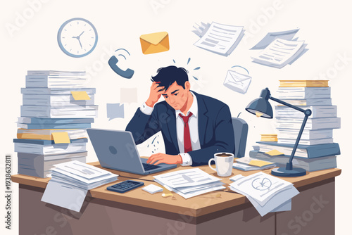 Overworked businessman at a cluttered desk with stacks of documents, laptop and coffee, feeling stressed and exhausted from multitasking and heavy workload, burnout concept vector illustration.