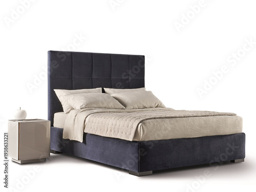 Classic double bed with big headboard isolated on white