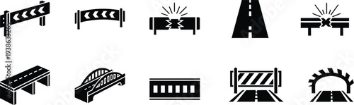 Infrastructure safety icons set with road barriers bridges tunnels and closures