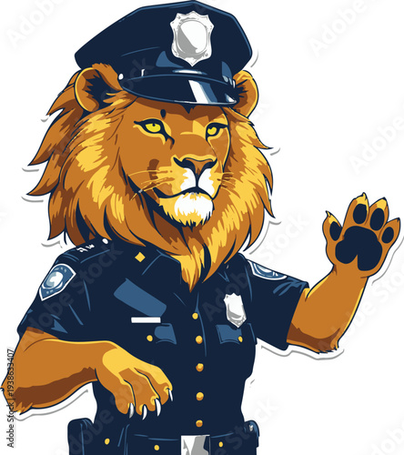  Lion police officer directing traffic confidently, street side pose view, bold thick black clean outline, vector sticker style, white background 1