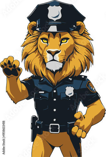  Lion police officer directing traffic confidently, street side pose view, bold thick black clean outline, vector sticker style, white background