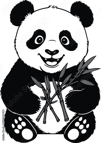 Panda holding bamboo and smiling happily, front view, bold thick black clean outline, minimal vector sticker style, isolated object, white background 1