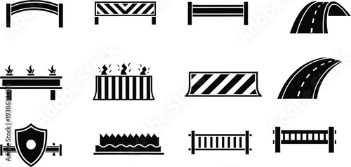 Road barrier and fencing icons collection for construction safety and event management