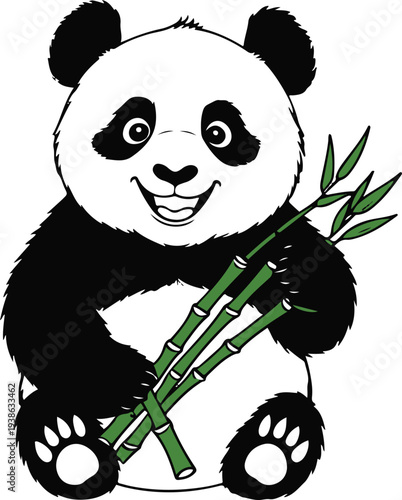 Panda holding bamboo and smiling happily, front view, bold thick black clean outline, minimal vector sticker style, isolated object, white background 2