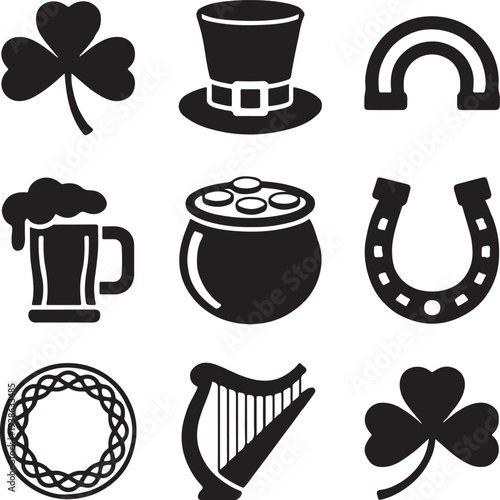 A collection of traditional black Irish themed icons including a shamrock and a leprechaun hat