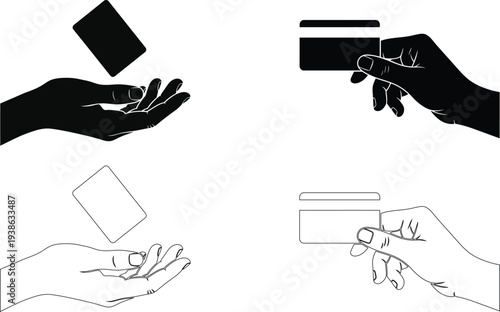 Hands performing card tricks with silhouettes and line drawings on a white background