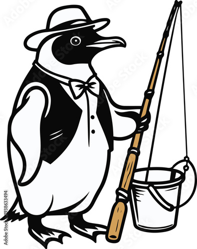 Penguin fisherman holding fishing rod and bucket, side profile view, bold thick black clean outline, minimal vector sticker style, white background 2