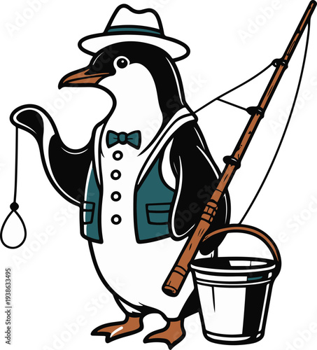 Penguin fisherman holding fishing rod and bucket, side profile view, bold thick black clean outline, minimal vector sticker style, white background