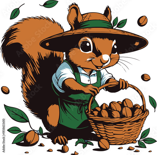  Squirrel farmer collecting nuts into basket, side harvesting view, bold thick black clean outline, vector sticker style, white background