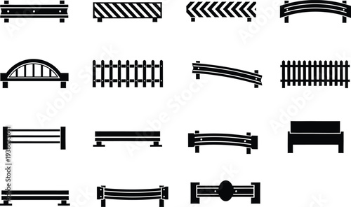 Silhouette safety barrier and fence icons collection for roadside protection systems