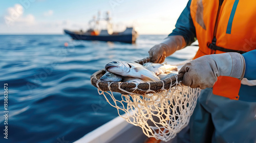 Fisherman's gloved hands holding a fishing net brimming with fresh fish on a boat deck, representing the hard work of harvesting seafood for market and the abundance of the sea