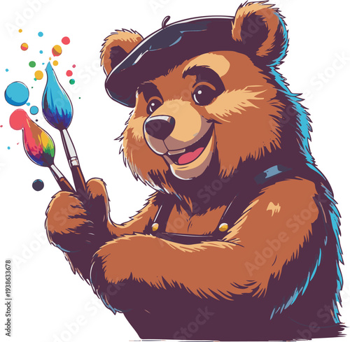 Bear artist painting picture on canvas, cartoon vector mascot, bold thick black outline, sticker illustration style, white background 1