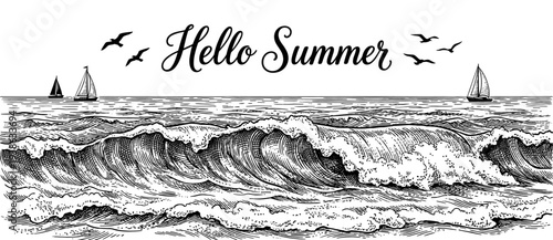Hello summer lettering with panoramic ocean wave and sailboat