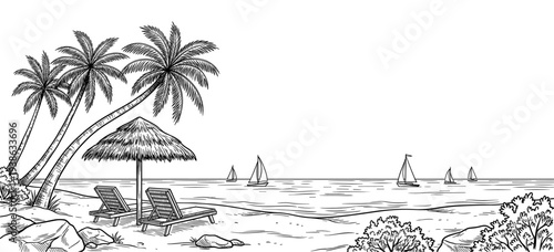 Panoramic beach coast with sun lounger and palm tree